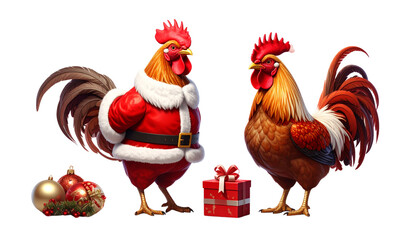 Cute Christmas rooster pair in Santa suit isolated on transparent background