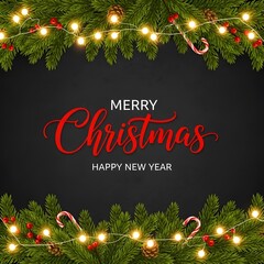 Festive christmas and happy new year greeting with twinkling lights and candy canes on dark background