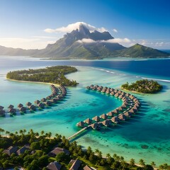 Aerial view of luxurious overwater bungalows in a turquoise lagoon with a majestic mountain in the background