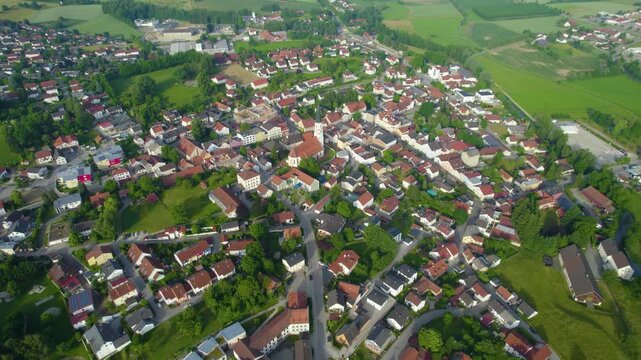 Aerial panoramic view around the city Velden in Germany., Bavaria on a sunny afternoon in spring.