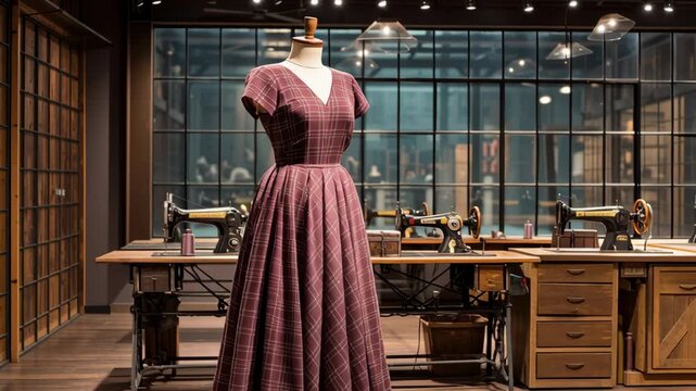 Stylish sewing workshop with vintage sewing machines and elegant dress display in cozy setting