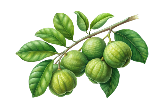 Botanical illustration depicting a cluster of Garcinia GummiGutta fruits with lush foliage