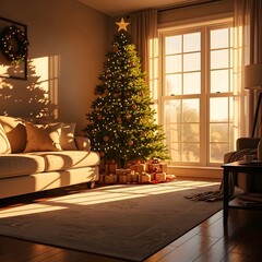 Cozy living room with a decorated christmas tree and presents bathed in warm sunlight from a large window