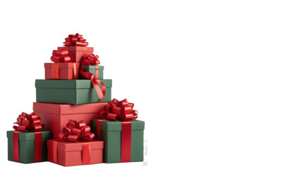 Fototapeta premium Different green and red christmas gift boxes stacked isolated on white background, PNG 