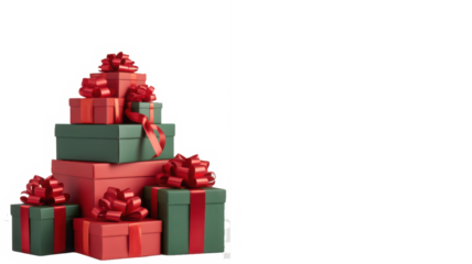 Different green and red christmas gift boxes stacked isolated on white background, PNG
