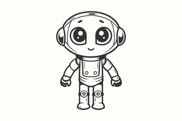 Bold monochrome robot astronaut stands amid sparkling stars, showcasing a modern, stylized space aesthetic