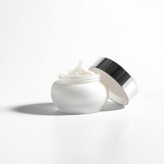 Skincare cream jar with a smooth texture and shiny lid on a clean surface