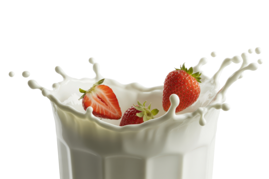Fresh strawberries splash in creamy milk creating dynamic scene