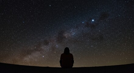 Silhouette of person stargazing at night sky. Woman watching milky way galaxy and stars. Contemplation and astronomy concept