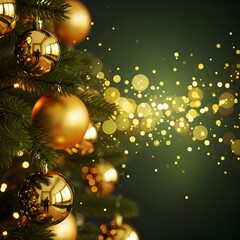 Close up of golden christmas ornaments on a decorated evergreen tree with bokeh lights