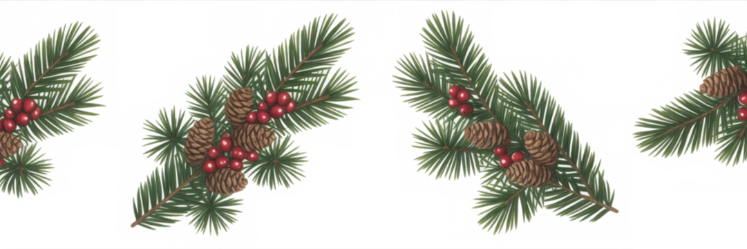 tree branch isolated on a transparent background - Featuring lush, green pine needles with festive decorations - Clean and detailed composition with soft, even lighting - Studio photography highlighti