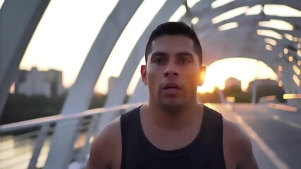 Close-up of determined man running across a bridge at sunrise, with sun glare in the background, capturing his intense focus and effort