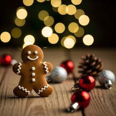 Adorable gingerbread man cookie with christmas ornaments and bokeh lights on wooden table