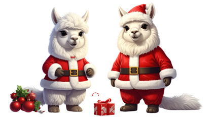 Cute Christmas quagga pair in Santa suit isolated on transparent background