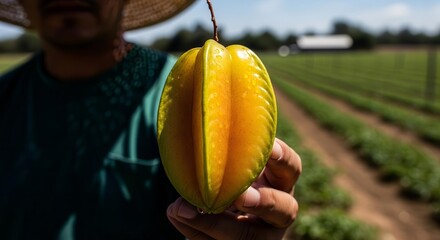 Freshly Harvested Carambola Starfruit Held by Farmer in a Sunny Agricultural Field