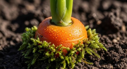 Freshly Harvested Carrot with Green Stalks and Tiny Water Droplets in Lush Earth
