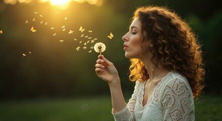 Young woman blowing on dandelion as seeds transform into butterflies. Magical and surreal concept of wishes, dreams, and freedom at sunset