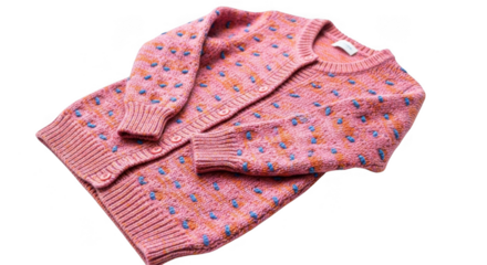 Pink knitted baby cardigan with floral pattern, isolated on transparent background