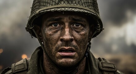 Obraz premium Gritty close-up portrait of soldier's face in combat. Intense expression of fear, shock, and trauma on dirty battlefield. Human cost of war concept