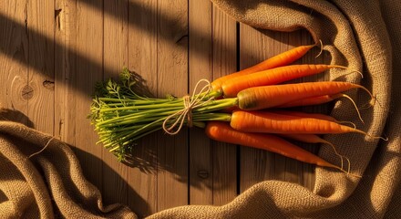 Freshly Harvested Carrots Bundled On Wooden Table With Burlap Fabric And Daylight