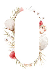 Watercolor Winter Floral Herbarium Oval Frame with Cotton and Berries