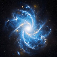 Vibrant blue spiral galaxy with bright core and swirling arms in deep space