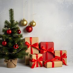 Small decorated christmas tree with pile of wrapped gifts tied with red ribbons on white background