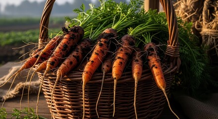 Freshly Harvested Carrots Gathered in Wicker Basket Displaying Natural Produce