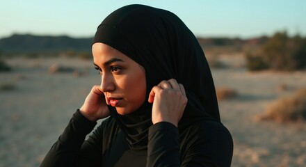 Portrait of young Muslim woman adjusting her black hijab in desert at sunset. Modern Islamic faith and identity concept