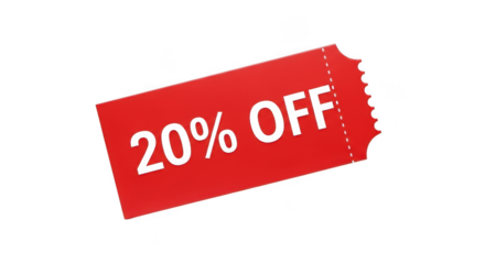 Red ticket with 20 off text isolated on transparent background