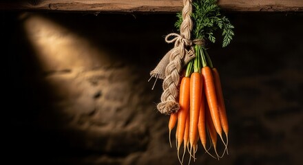 Freshly Harvested Carrots Hanging and Illuminated By a Spotlight in Rustic Environment