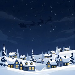 Cozy snow covered village nestled in hills under a starry night sky with twinkling lights