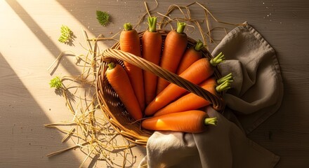 Freshly Harvested Carrots Nestled in a Rustic Basket Under Soft Sunlight