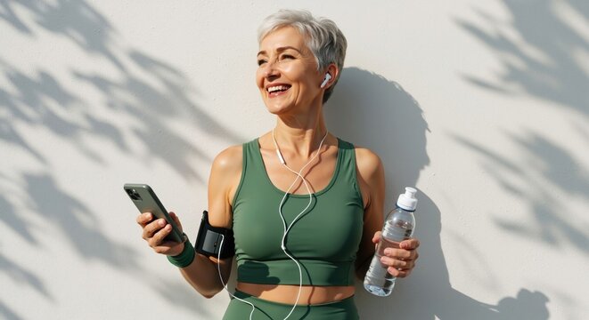 Active senior woman smiling after workout outdoors. Happy mature lady in sportswear with smartphone and water bottle listening to music. Healthy lifestyle and fitness for older adults concept