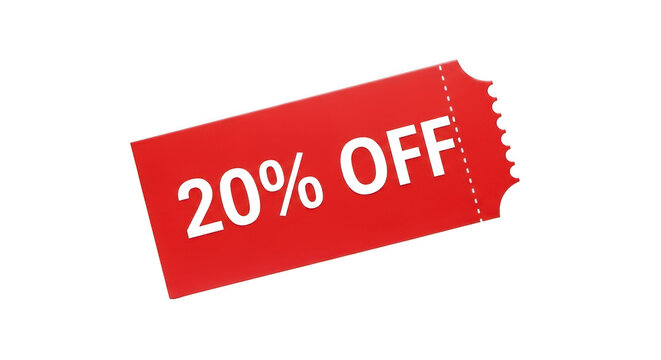 Red ticket with 20 off text isolated on transparent background