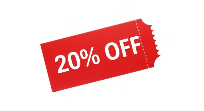 Red ticket with 20 off text isolated on transparent background