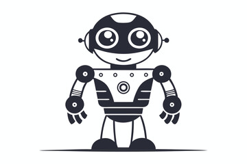 Cheerful robot monochrome with big eyes and rounded body stands still on white