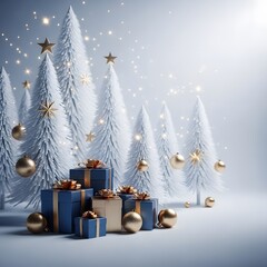 Enchanting winter wonderland scene with snowy christmas trees and gift boxes