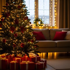 Cozy christmas living room scene with decorated tree and gifts under the warm glow of fairy lights