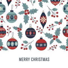 Festive christmas ornaments and holly berries pattern with merry christmas text