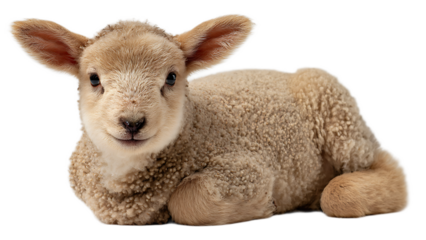 Close up of a fluffy lamb lying down with its head up looking at the camera on a black background