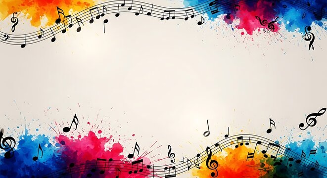 Vibrant abstract watercolor splashes frame musical notes and staff in a creative artistic design