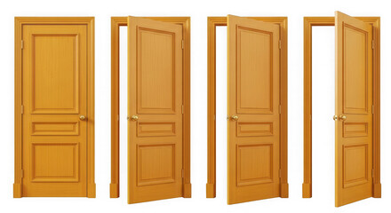 Four wooden doors in varying stages of opening against a black background