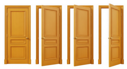 Four wooden doors in varying stages of opening against a black background