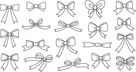 Set of decorative ribbon bows outline, hand drawn bow illustration, gift decoration clipart, vector design element, fashion accessory art
