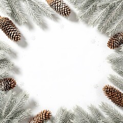 Festive winter christmas frame of frosted evergreen branches and pine cones on white background