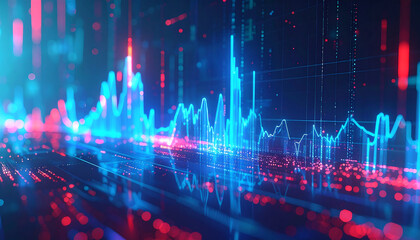 Visual Data Symphony: An abstract representation of financial data analysis, with vibrant, glowing lines and curves symbolizing market fluctuations and economic trends.