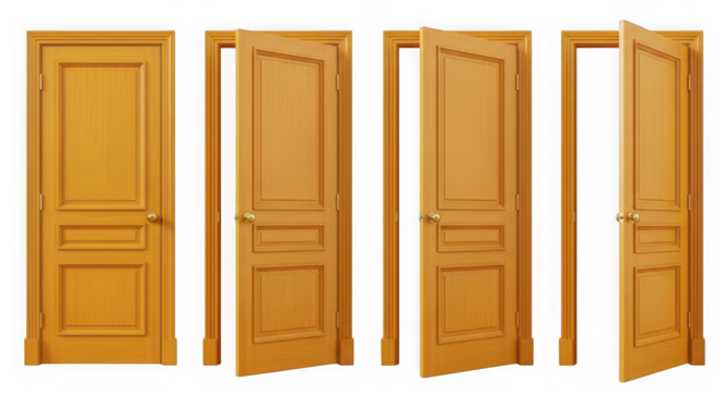 Four wooden doors in varying stages of opening against a black background