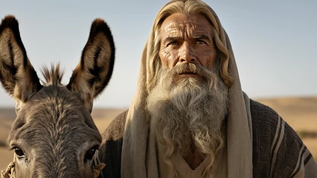 Man with a flowing beard and an old donkey traveling through an arid desert landscape in ancient Israel footage