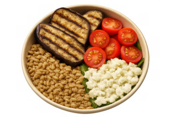 Healthy grain bowl with grilled eggplant, fresh cherry tomatoes, and cottage cheese for balanced eating